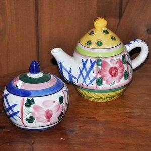 4 Pc Colorful Vintage Teapots Sugar Bowl & Teacup Made by Bella Casa by Ganz